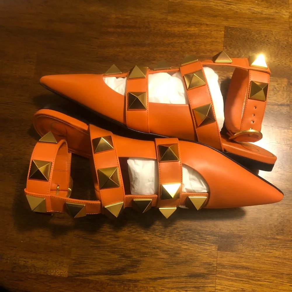 NIB $1100 VALENTINO Roman Stud Ankle-cuff Leather Ballerinas In Orange Zest 37.5